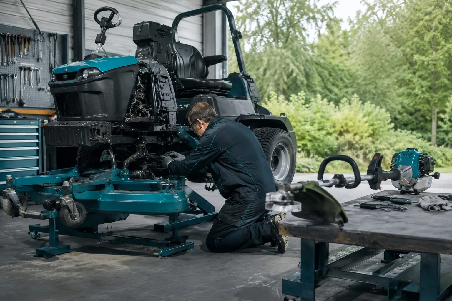 Mécanicien réparant un tracteur tondeuse dans un atelier avec une débroussailleuse au premier plan.