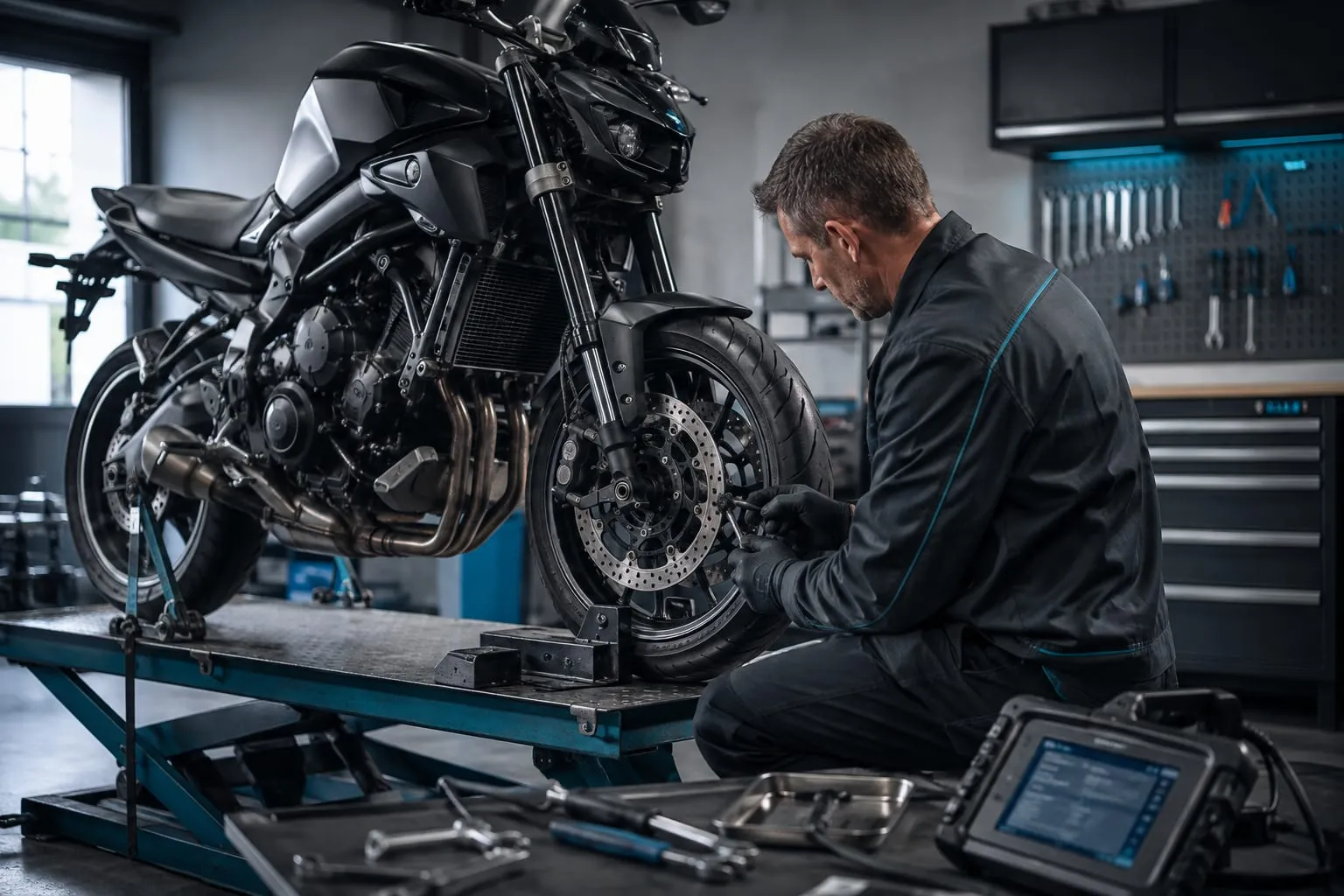 Mécanicien contrôlant la roue avant d’une moto noire installée sur un pont d’atelier.