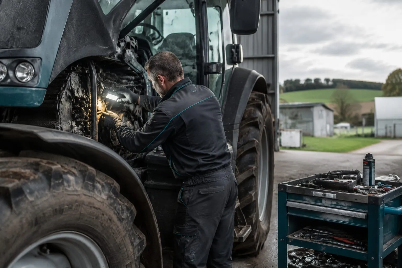 Mécanicien intervenant sur le moteur ouvert d’un tracteur agricole.