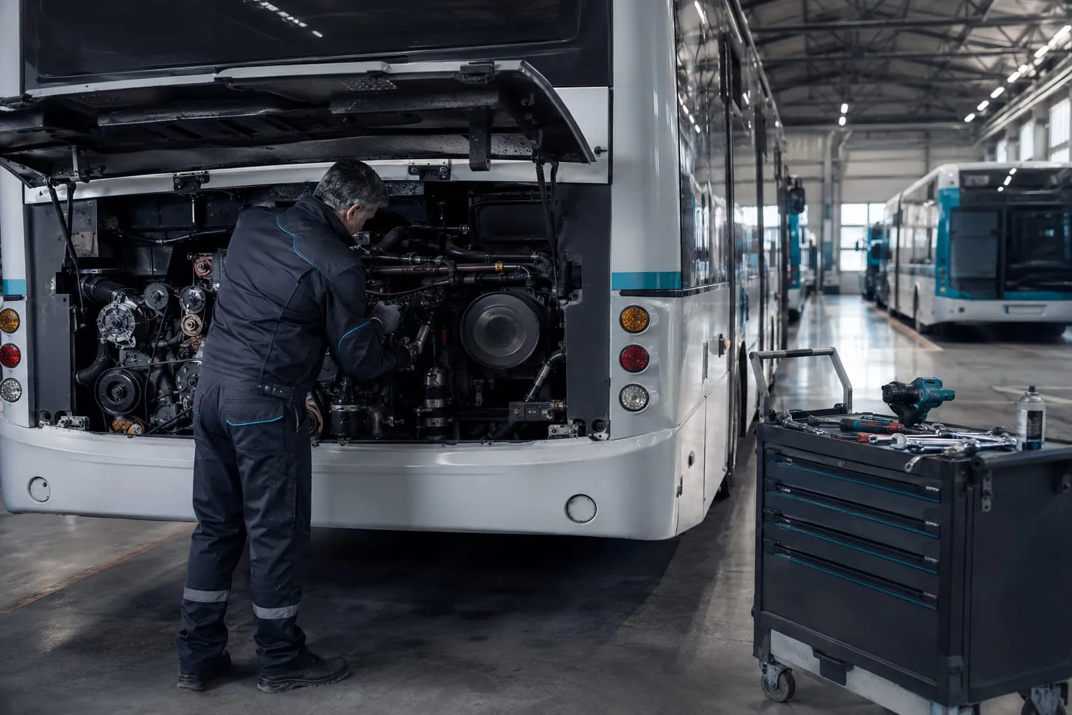 Mécanicien intervenant dans le compartiment moteur arrière d’un bus en atelier.
