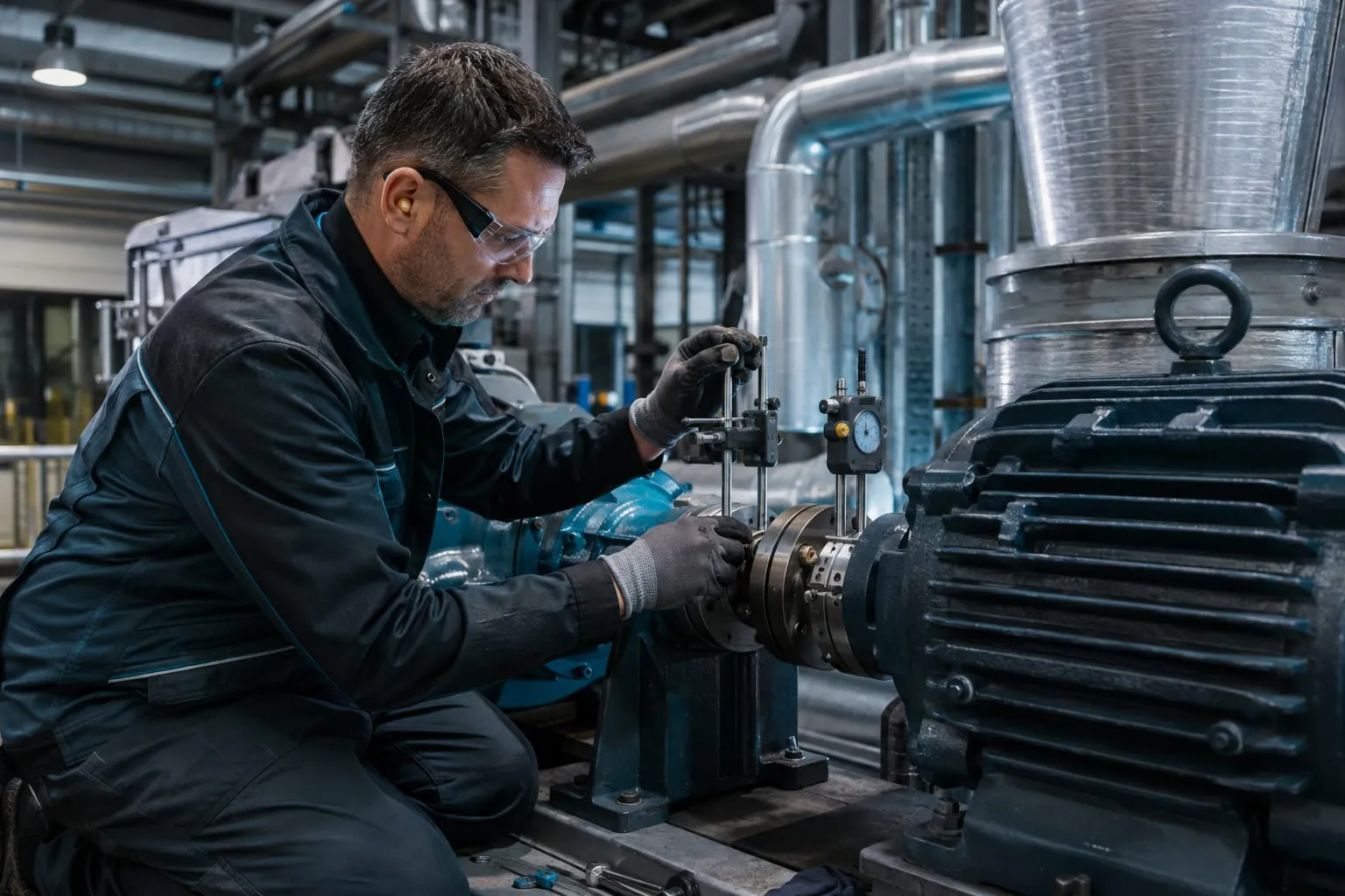 Mécanicien contrôlant l’alignement d’un ensemble moteur sur une machine industrielle.