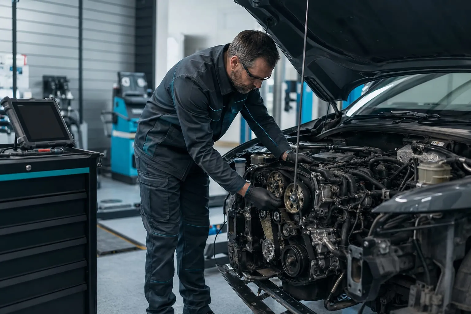 Mécanicien intervenant sur le moteur découvert d’une automobile dans un atelier.